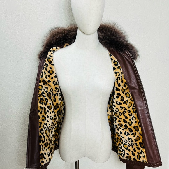 NWT Marvin Richard Brown Fur Leather Coat W/ Leopard Print Lining - Small - Picture 9 of 10